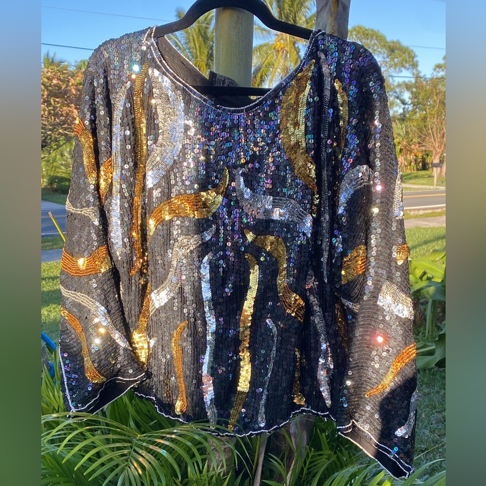 Sequin Top L 100% Silk Black Silver & Gold - Picture 4 of 5